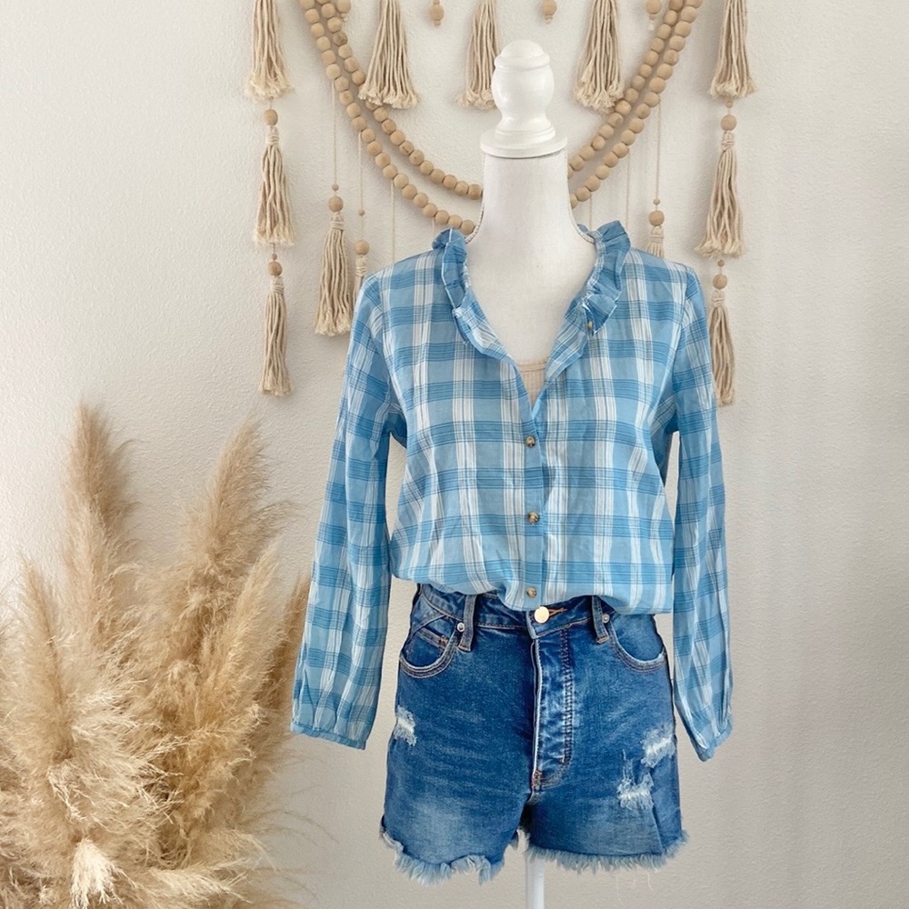 Madewell Blue Plaid Ruffle Collar Button-Up Blouse NV